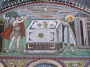 San vitale, ravenna, int., presbiterio, mosaici di dx 03 offerta di abele e melchidesech 03.JPG