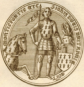 Dessin d’un sceau circulaire représentant un chevalier en armes, l’encolure d’un cheval à gauche du sceau.
