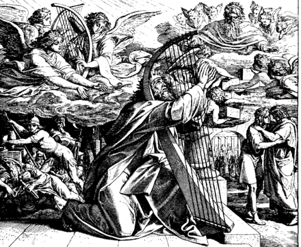 David is depicted giving a psalm to pray for deliverance in this 1860 woodcut by Julius Schnorr von Karolsfeld