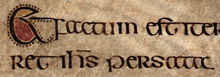 St Chad Gospels: Et factum est iter[um cum sabbatis ambula]ret Iesus per sata
(Mark 2:23, p. 151) Script, Chad-Gospels.jpg