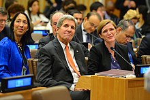 Power with Secretary of State John Kerry at a UN ministerial, October 2, 2015 Secretary Kerry and Ambassador Power Participate in the High-Level Ministerial on Libya at the UN in New York City (21266168424).jpg