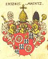Siebmachers Wappenbuch Tafel 3: Ertzbischof von Maintz, das Wappen des damaligen Mainzer Erzbischofs Johann Schweikhard von Cronberg, in Rot ein achtspeichiges Doppelrad