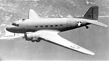 A Douglas C-47 Skytrain, derived from the Douglas DC-3 Skytrain Douglas C-47 (16138521471).jpg