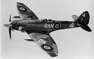 A Spitfire F.22 from No. 607 Squadron with the squadron badge on the cowling and racing number 4 for the Cooper Trophy race of 1948[12]