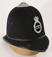 Pre-1968 Staffordshire police helmet, in the collection of Staffordshire County Museum Staffordshire police helmet.jpg