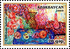 Саттар Бахлулзадень «Гранаты с шафраном» натюрмортось 2009 иень Азербайджанонь почтань маркасо