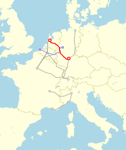TEE Rhein–Main (red) and TEE Saphir (blue) in the TEE network of 1957