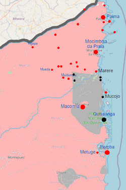 Cabo Delgado tartomány térképe, szürkével jelölve a felkelők ellenőrzése alatt álló területek 2021 szeptemberében