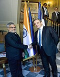 Thumbnail for File:The Union Minister for Road Transport and Highways, Dr. C.P. Joshi with the French Minister of State for Transport, Mr. Thierry Mariani, in Paris on May 27, 2011.jpg