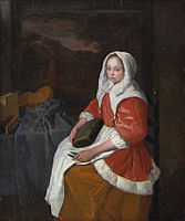 The Lacemaker label QS:Len,"The Lacemaker" label QS:Lpl,"Koronczarka" label QS:Lnl,"De kantwerkster" 1646-1698. oil on panel medium QS:P186,Q296955;P186,Q106857709,P518,Q861259 . 31.2 × 25 cm (12.2 × 9.8 in). Present whereabouts unknown.