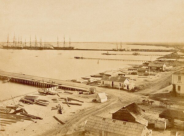 Town Pier (foreground) and Railway Pier (distance) about 1858