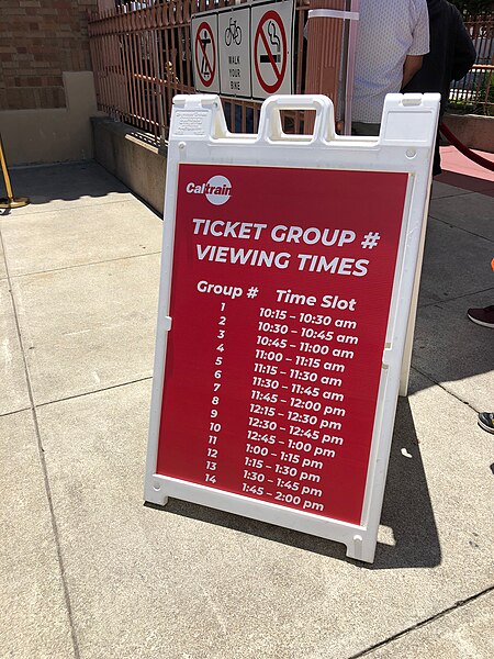 File:Ticket group viewing times for Caltrain Electric Train Tour, San Jose, California.jpg