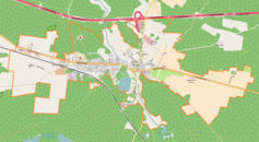 Mapa konturowa Torzymia, w centrum znajduje się punkt z opisem „Parafia Podwyższenia Krzyża Świętego w Torzymiu”