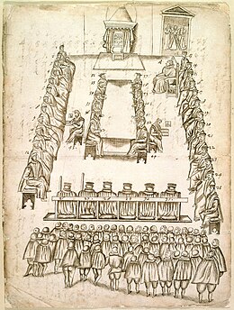 Drawing of the trial of Mary, Queen of Scots, 14-15 October 1586, in the great hall of Fotheringhay Castle, Northamptonshire, where she was later beheaded. Trial of Mary, Queen of Scots - Documents relating to Mary, Queen of Scots (1586), f.569* - BL Add MS 48027.jpg
