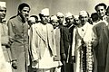 Tribhuvan at Delhi Airport, 1951. From left: Bhadrakali Mishra, BP Koirala, King Tribhuvan and Jawaharlal Nehru (with garlands on arm)