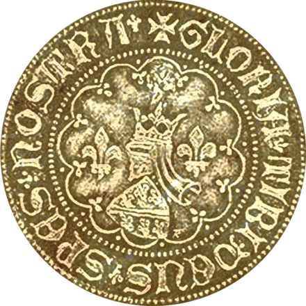 The coat of arms of the Kotromanić dynasty on a 14th-century reverse – with the fleur-de-lis, which is today used as a Bosniak national symbol and was formerly featured on the flag of the Republic of Bosnia and Herzegovina