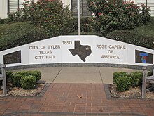 Tyler is called the "Rose Capital of America" for its rose-growing industry, large municipal rose garden and annual Texas Rose Festival Tyler- "Rose Capital of America" IMG 0546.JPG
