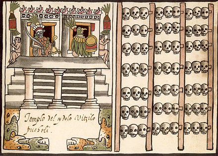 Art with ideological and political meaning: depiction of an Aztec tzompantli (skull-rack) from the Ramirez Codex