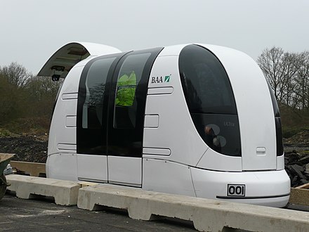 An ULTra PRT vehicle on a test track at Heathrow Airport, London