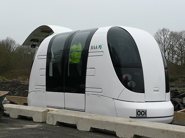 An Ultra PRT vehicle on a test track at Heathrow Airport, London