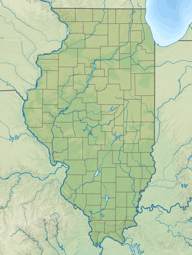 Mapa konturowa Illinois, u góry po prawej znajduje się punkt z opisem „Chicago”