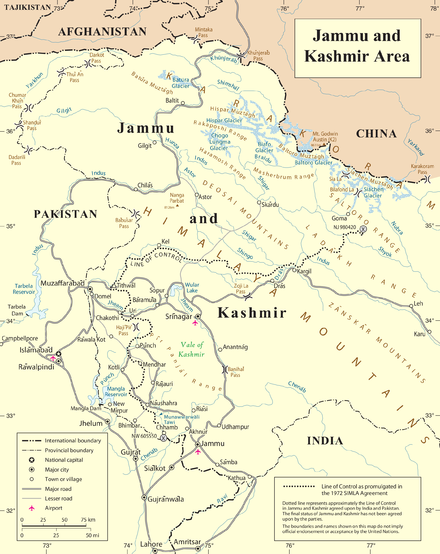 The Line of Control between India and Pakistan agreed in the Simla Agreement (UN Map)
