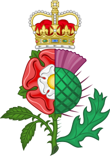 The thistle, the heraldic badge of Scotland, dimidiated with the Tudor rose of England Union of the Crowns Royal Badge (Imperial Crown).svg