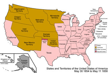 An enlargeable map of the United States after the creation of the Territory of Kansas and the Territory of Nebraska on May 30, 1854. United States 1854-1858.png