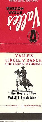 Match book cover that featured Valle's "Circle V" Ranch in Wyoming Valle's Match Book Cover.jpg