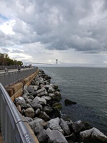 The Verrazzano Bridge on a foggy day. Photo taken at Shore Road Park and Parkway.