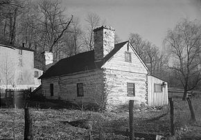In 1937 View from northwest. February 5, 1937. Photo by Ian McLaughlin. - Lower Swedish Log Cabin, Darby Creek vicinity (Clifton Heights), Darby, Delaware County, PA HABS PA,23-DARB.V,2-1 cropped.jpg