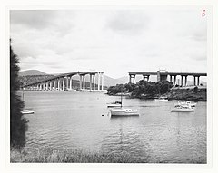 View of the Tasman Bridge from Kalatie Road Montague Bay looking toward the Powder Jetty over Cuthbertson's Boat shed (1975) (16200189861).jpg