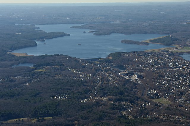 Wachusett Reservoir and Dam from above Clinton, Massachusetts