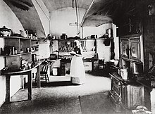 Dolly Johnson, personal cook to President Benjamin Harrison, in the small White House kitchen in 1890 White House kitchen circa 1890.jpg