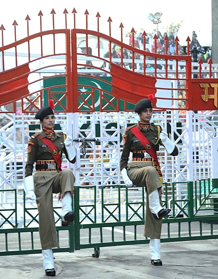 Women personnel of BSF taking part in the ceremonial retreat at the India-Pakistan border at Wagah, 2010.