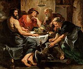 Workshop of Peter Paul Rubens. Jupiter and Mercury visiting Philemon and Baucis label QS:Lde,"Jupiter und Merkur bei Philemon und Baucis" label QS:Len,"Jupiter and Mercury visiting Philemon and Baucis" label QS:Lpl,"Jowisz z Merkurym odwiedzający Filemona i Baucis" label QS:Lnl,"Jupiter en Mercurius bij Philemon en Baucis" . circa 1620-1625. 153.5 × 187 cm (60.4 × 73.6 in). Vienna, Kunsthistorisches Museum.