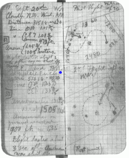 Wilbur's logbook showing diagram and data for first circle flight on September 20, 1904