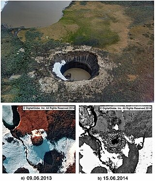 <span class="mw-page-title-main">Gas emission crater</span> Crater formed by permafrost gas release