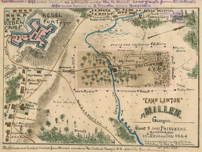 File:"Camp Lawton" map on 14 November 1864, "Copy of original made while a Prisoner of War by R. K. Sneeden" near The Central Georgia Railroad and Millen, Georgia - LOC gvhs01.vhs00054 (cropped).jpg