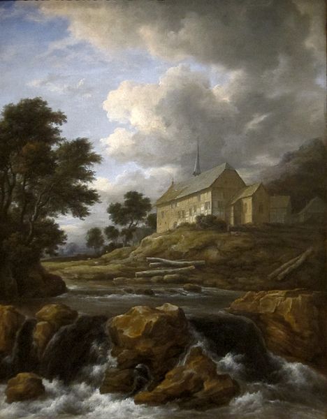 File:'Landscape with a Church by a Torrent', oil on canvas painting by Jacob van Ruisdael, c. 1670.JPG