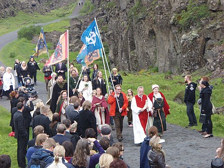 Members of the Ásatrúarfélagið preparing for a Þingblót at Þingvellir, Iceland