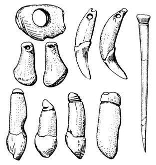 Parure de pointes d'os et de dents d'animaux (Châtelperronien d'Arcy-sur-Cure).