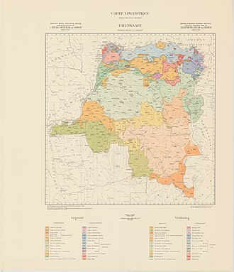 Belgian Congo c. 1954 showing the main language groups in each region 1954 language map Atlas General du Congo 522.jpg