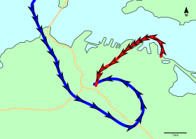 Карта траекторий полёта над центром Окленда, красный — борт ZK-HIT, синий — борт ZK-ENX