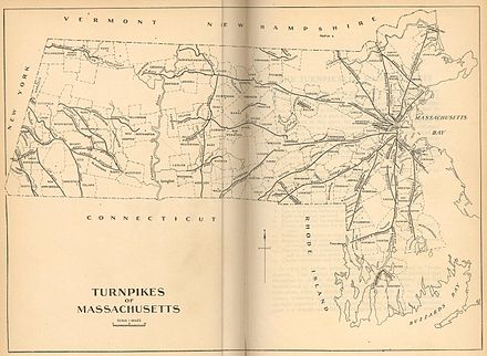 Map of the turnpikes of Eastern Massachusetts, with the Worcester Turnpike following the roughly same path as the modern Route 9.
