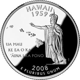 標語 Ua Mau ke Ea o ka ʻĀina i ka Pono が刻まれたハワイ州の50セント硬貨。