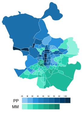 Mapa del resultado por distritos de la elección municipal de 2015 en Madrid