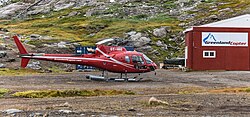 2017-08-24 GreenlandCopter Eurocopter AS350B3e Plus Ecureuil (OY-HHI) in Tasiilaq, Eastern Greenland.jpg