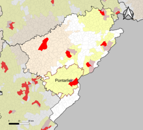 Ubicación del área de atracción de Pontarlier en el departamento de Doubs.