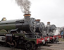 Great Western locomotives with their distinctive copper-rimmed chimneys 7209 4936 and 5043 Tyseley.jpg